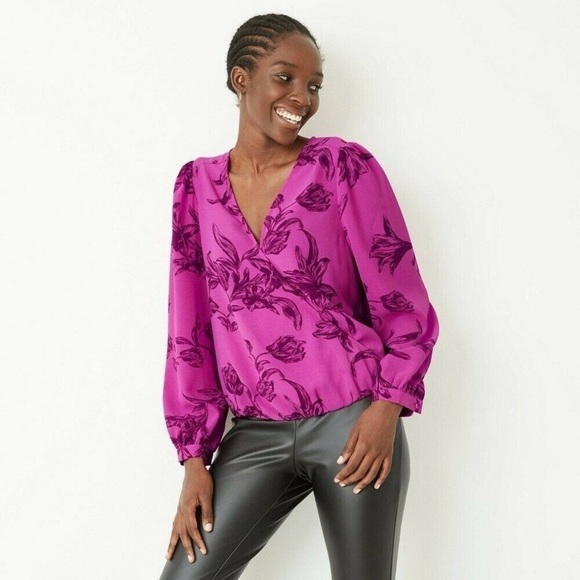 a new day Tops - A New Day Purple Floral V Neck Puff Sleeve Wrap Top Size M